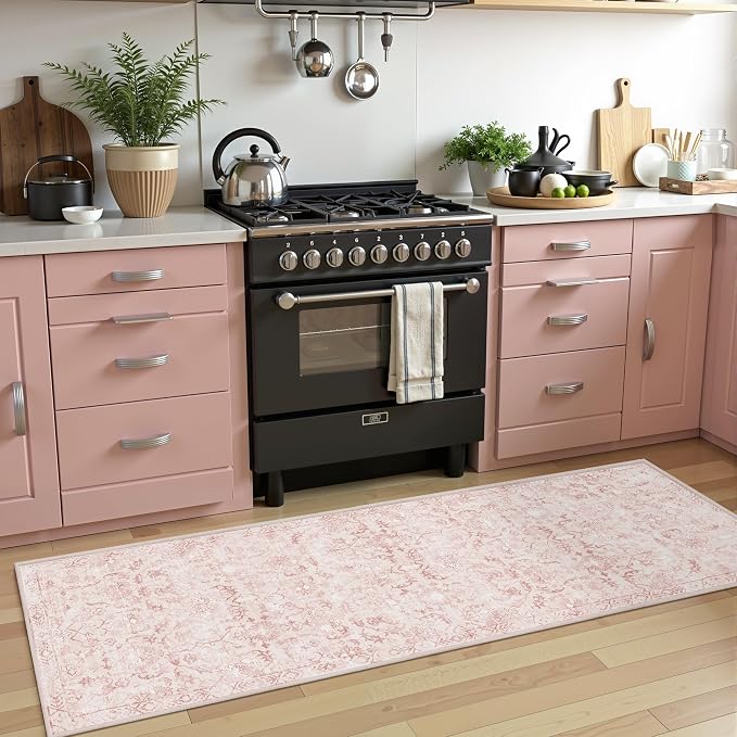 Pink 2x6 Runner Rug for Hallways Bed Side Kitchen, Boho Washable Distressed Low-Pile Floor Entryway Long Bathroom Mat, Non-Slip Laundry Room Washstand Front Carpet 24x72 Inch