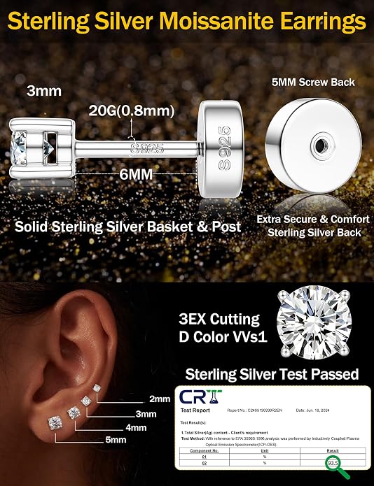 Moissanite Earrings for Men Women：Hypoallergenic Flat Back Earrings 925 Sterling Silver Stud Earring Small D Color VVS1 Moissanite 14K White Gold Plated Helix Cartilage Earring Studs Gift Jewelry