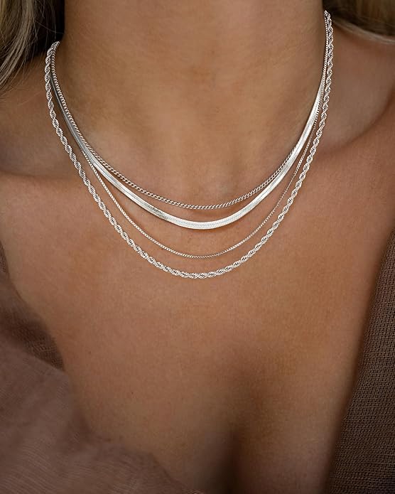 Tewiky Layered Necklaces for Women Non Tarnish- Chunky 14k Gold Plated Herringbone/Snake/Rope/Box/Cuban Link Chain for Women Waterproof Layering Stack Choker Necklace Trendy Dainty Tarnish Free Jewelry Set