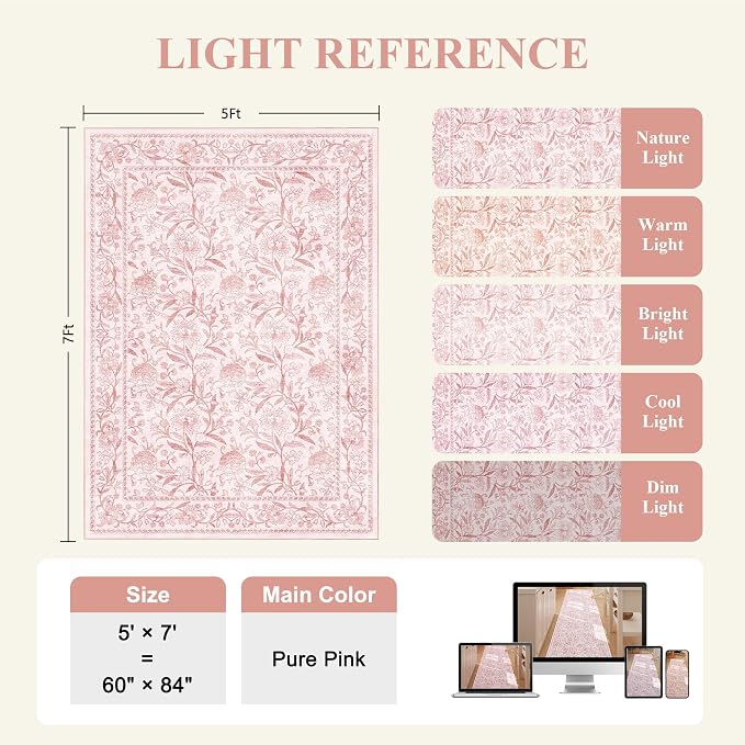 DUKINO 5x7 Area Rug, Vintage Floral Washable Rug for Living Room Light Pink | Non Slip, Low Pile, Non-Shedding, Stain Resistant Lightweight Boho Soft Carpet for Bedroom Home Office Dining Room Farmhouse