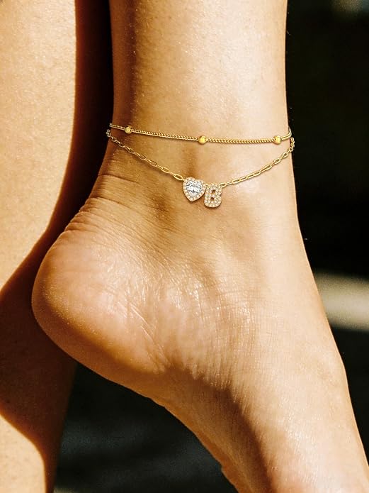 Bestyle Initial Anklet Bracelets for Women Waterproof Non Tarnish 14K Gold/White Gold Plated CZ Anklets for Women Dainty Layered Letter Heart Ankle Bracelets Adjustable Foot Chain Anklet
