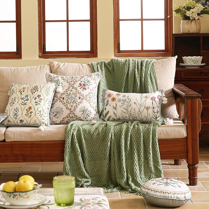 ISAENNE Designer Elegant Linen Throw Pillow Cover,Set of 4-Serenity ABCD | French Cottage Pillow Cover,Concealed Zipper,Floral Pattern,Sofas,Bedroom,Living Room,Lounge Chairs,All Season Home Decor