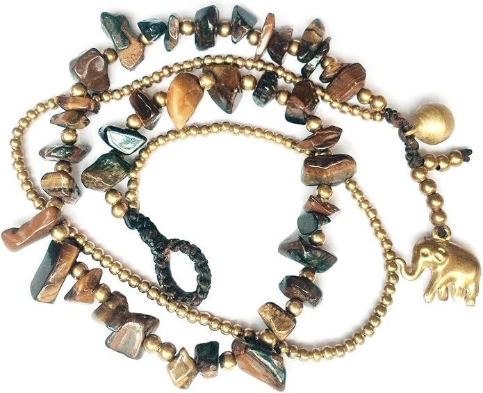 Handmade Brown Jasper Stone Elephant Charm Brass Beads Anklet Bracelet 10 Inches