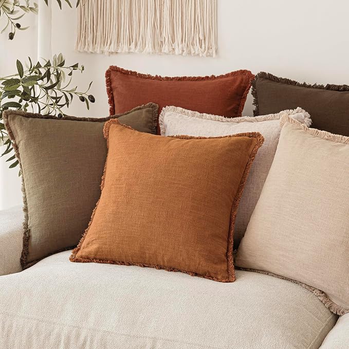 Foindtower Set of 2 Decorative Linen Fringe Throw Pillow Covers Cozy Boho Farmhouse Cushion Cover with Tassels Soft Accent Pillowcase for Couch Sofa Bed Living Room Home Decor, 20×20 Inch, Orange