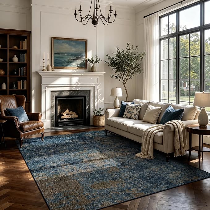 Blue Washable Rugs 8x10 Area Rugs for Living Room,Bedroom,Dining Room-Neutral Modern Abstract Rugs with Non Slip Backing,Large Soft Carpet for High-Traffic Areas Nursery Farmhouse Home Office