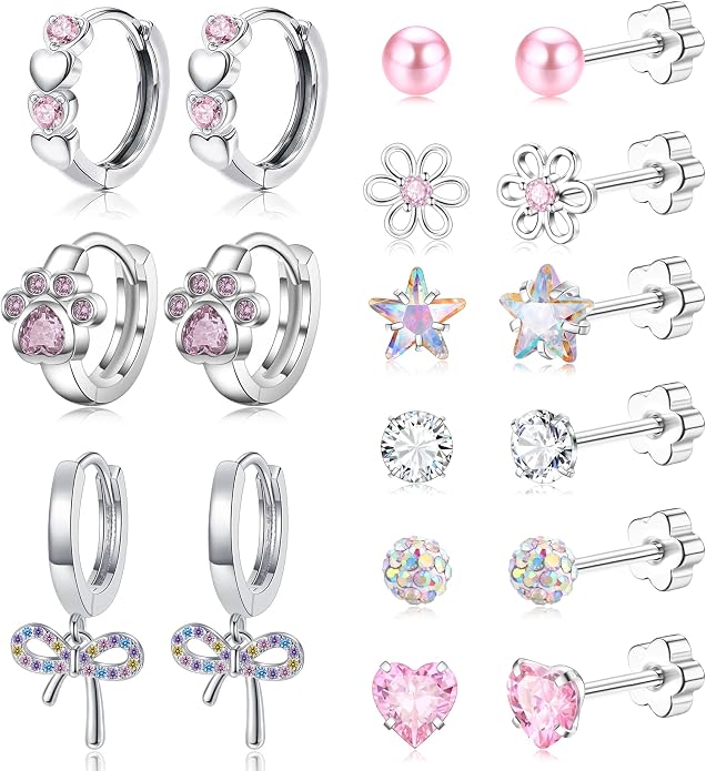 GraceWhisper 9 Pairs Hypoallergenic Earrings For Girls Women-Surgical Stainless Steel Flower Flat Screw Back Stud Earrings For Sensitive Ears Cute Toddler Kids Baby Earrings