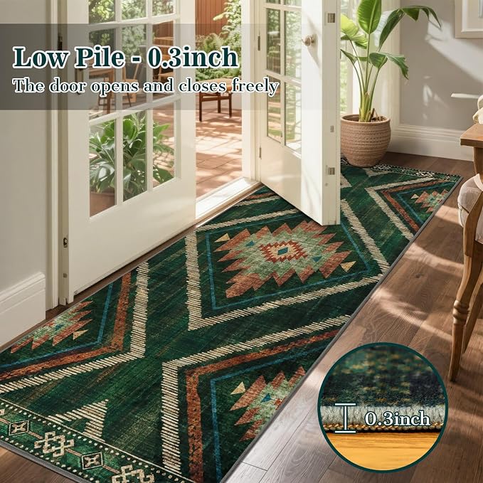 Boho 2.6x8ft Runner Rugs for Hallway Kitchen Non Slip, Long Green Geometric Washable Entryway Rug Runners Low Pile, Soft Vintage Indoor Floor Carpet for Doorway Bedroom Farmhouse Home Decor