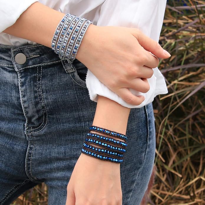 KELITCH Pearl Crystal Beads Bracelets Handmade Natural Leather 5 Wrap Bracelet for Women Classic Bangle Jewelry