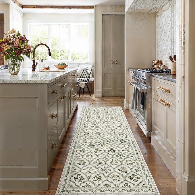 Olive Green Runner Rug 2x6 Boho Green Beige Area Rugs for Entryway, Washable, Vintage Farmhouse Bedroom Area Rugs Non Slip Bathroom Long Runner Kitchen Floor Mat Laundry Room Flower