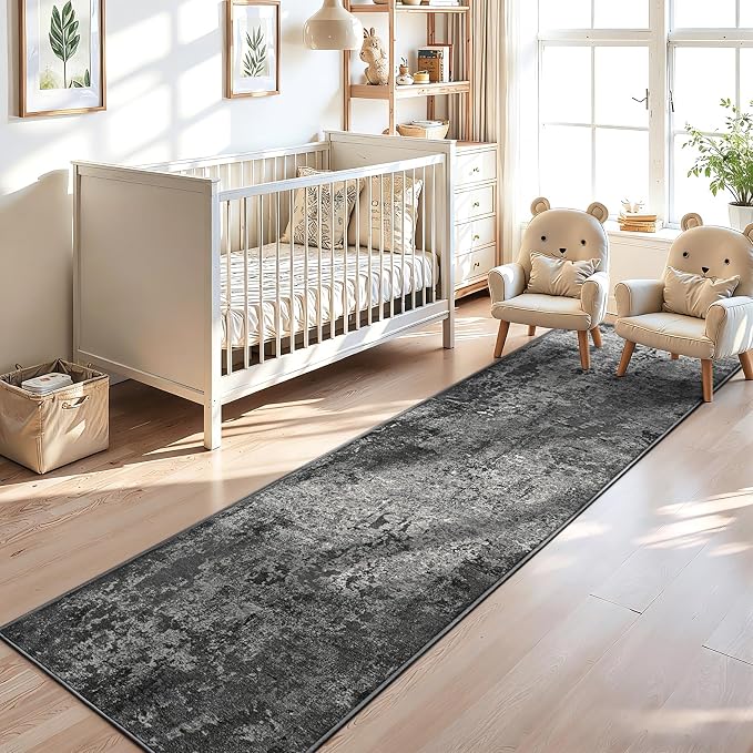 2x12 Black Rug Runners for Hallways Kitchen Runner Rug Non Slip Washable Black Long Runner Rugs with Rubber Backing Soft Abstract Carpet Runner for Bedroom, Kitchen, Bathroom, Entryway