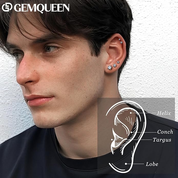 GEMQUEEN Moissanite Earrings G23 Titanium Extended Internal Thread Flat Back Earrings Hypoallergenic Tragus Cartilage Helix Conch Piercing Jewelry for Women Men 18G 6/8mm Post Gray/D Color 0.2-3CT