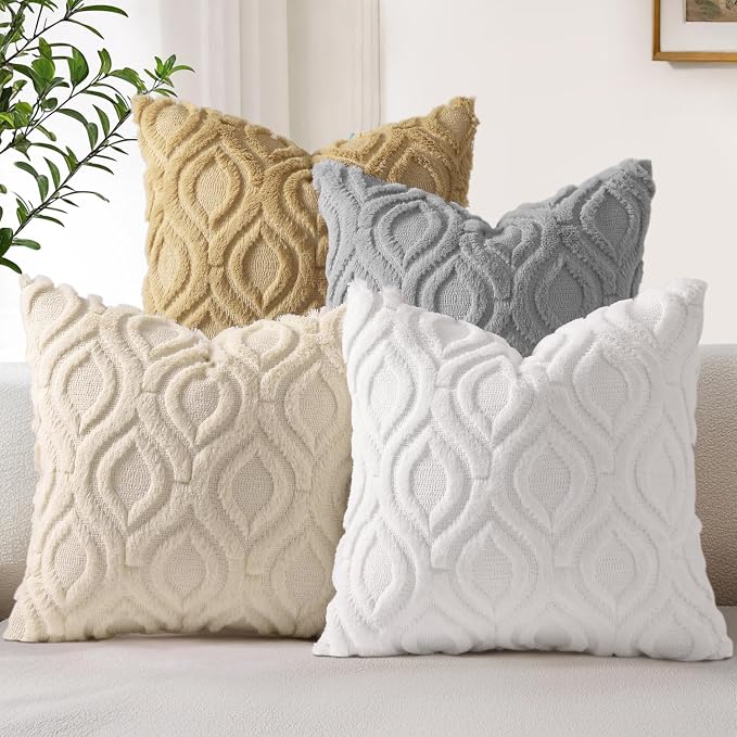 decorUhome Beige Cream White Faux Fur Throw Pillow Covers 18x18 Set of 4 | Fall Soft Neutral Decorative Plush Couch Pillow Covers, Accent Modern Farmhouse Neutral Pillow Cases for Sofa Bed Living Room