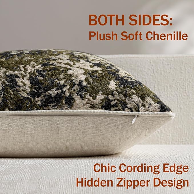 DEZENE Pack of 2 Vintage Floral Euro Sham Covers 24x24 Boho Farmhouse Accents Chenille Square Decorative Throw Pillow Cases for Living Room Couch Bed Home Decor, Olive Green