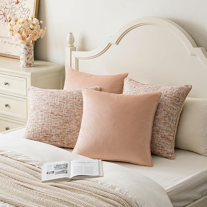 a moment Light Pink 4 Pack Throw Pillow Covers - Chenille & Velvet Set with Piping, Farmhouse Textured Design Pillow Cases for Couch Sofa Bed Livingroom (18x18 Inch, No Insert)