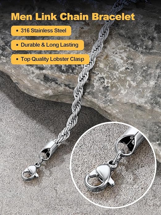 U7 Link Bracelets for Men, Cuban Link/Rope/Watch Band Solid Bracelet, Silver Black Gold Color Wrist Bracelet 3/6/9/12/15mm Width, 6.5/7.5/8.3 Inch Length, Hand Chain Jewelry for Mens Women