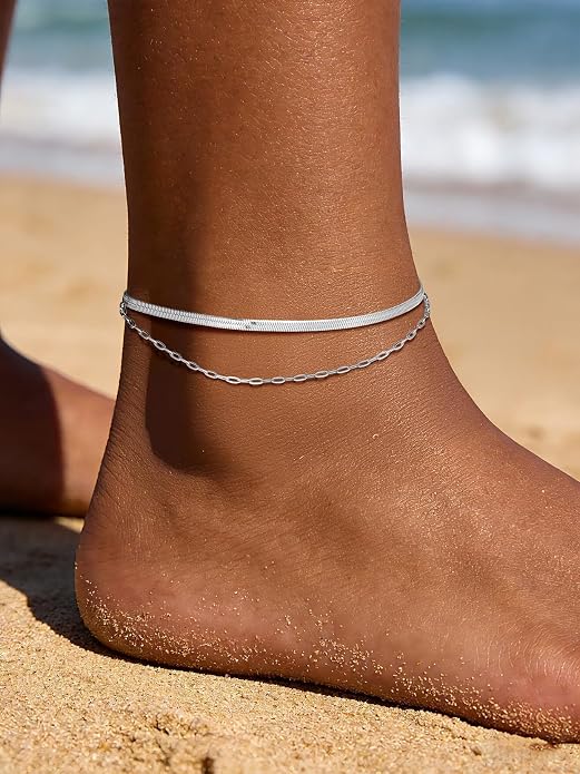 U7 Silver/Gold Ankle Bracelets for Women Layered Chain Anklets Stainless Steel Waterproof Summer Beach Anklet Cham, Adjustable 8.5"-10.5"