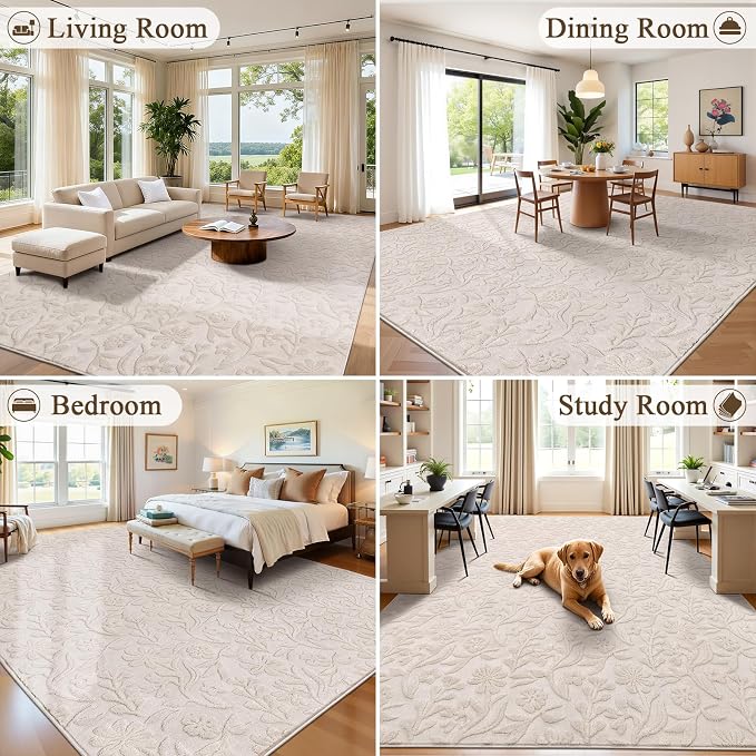 Vaukki 9x12 Area Rug for Living Room, Soft Fluffy Washable Modern Floral Indoor Floor Mat, Non Slip Shaggy Boho Accent Throw Carpet for Bedroom, Living Room, Nursery and Dining Room, Beige