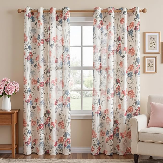 MYSKY HOME Floral Linen Curtains 90 inch Length 2 Panels Set for Living Room Patterned Semi Sheer Light Filtering Privacy Farmhouse Grommet Drapes for Bedroom Small Window, 52" Wide Each Panel, Red