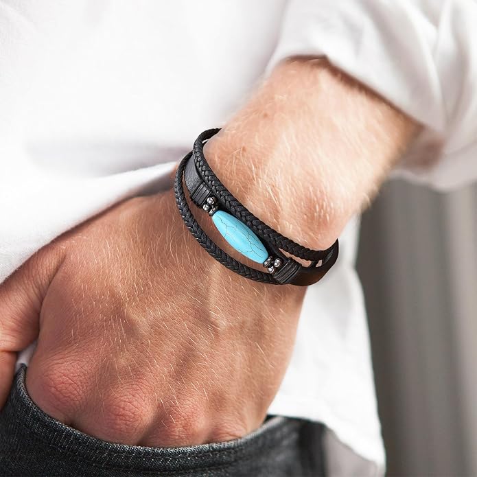 Mens Turquoise/Lapis Lazuli/Tiger Eye/Black Agate/Obsidian Leather Braided Bracelets for Father's Day/Birthdays/Graduation Jewelry Wristband Cuff Bracelet with Stainless Steel Clasp