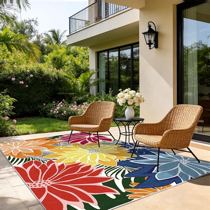 ZonLi Colorful Outdoor Rug 6x9Ft Waterproof Multicolored Indoor Area Rug Washable Outdoor Patio Rugs Tropical Floral Non Slip Outdoor Carpet for Living Room, Pool,Backyard,Deck,Camping
