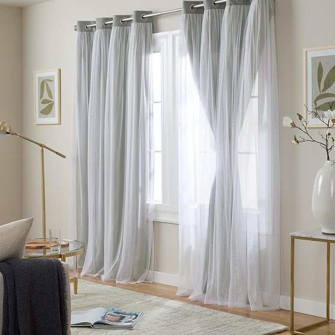 TOWN & COUNTRY LUXE Talia Double Layer Indoor Curtains, Sheer and Room Darkening Blackout, Grommet Top, Energy Efficient, 2-Pack Set, 52"x84", Soft Grey