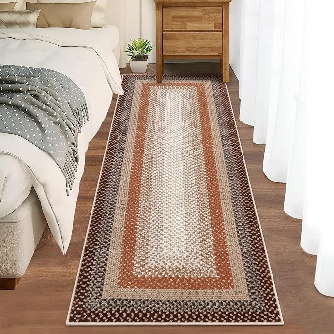 RUGSREAL Hallway Runner Rug 2x6 Braided Machine Washable Kitchen Rug Farmhouse Runner Carpet Non Slip Stain Resistant Rustic Runner Modern Printed Area Rug for Living Room Bedroom, Brown/Rust