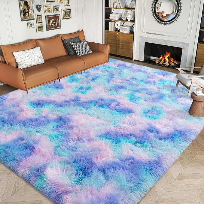 Dssimo Cute Furry Purple Rainbow Rugs for Bedroom Girls Room Decor | Upgrade Non-Slip Large 6x9 Area Rugs for Kid Room, Playroom Nursery Dorm Home Decor, Plush Mermaid Kawaii Rug Fluffy Carpet