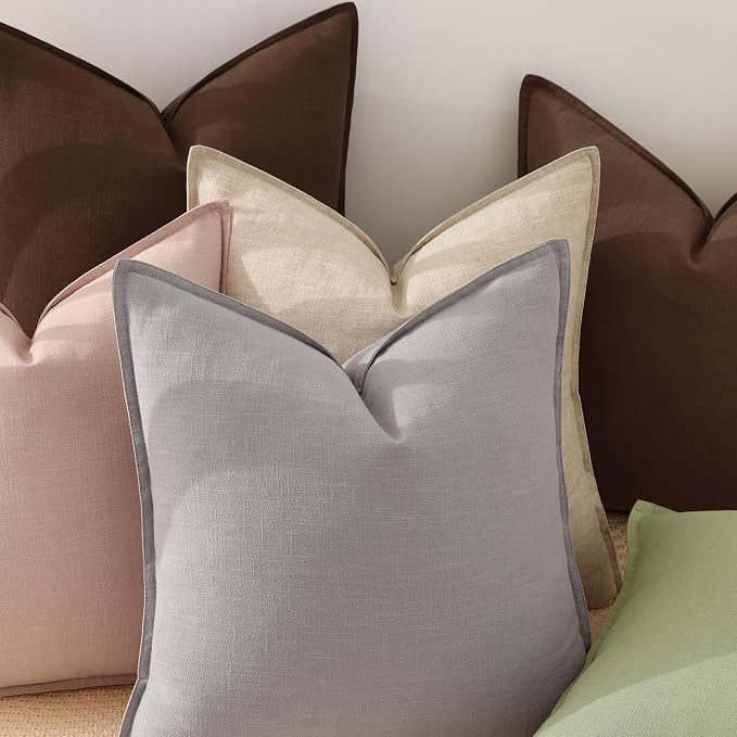 decorUhome Fall Light Grey Linen Throw Pillow Covers 20x20 Set of 2 | Decorative Soft Cozy Modern Farmhouse Boho Accent Pillow Cases with Flange Edges for Couch Bed Sofa Living Room Home Decor