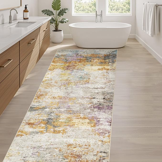 Runner Rug Kitchen Washable Rugs: 2x5 Non-Slip Abstract Soft Modern Stain Resistant Indoor Floor Neutral Accent Throw Carpet for Hallway Bathroom Laundry Room Entryway Bedroom- Gold Colorful