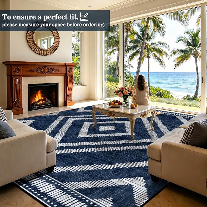 8x10Ft Boho Washable Area Rugs for Living Room, Navy Blue Thin Kids Nursery Bedroom Rugs Non Slip, Moroccan Soft Dining Room Area Floor Carpets for Playroom Kitchen Home Office Decor