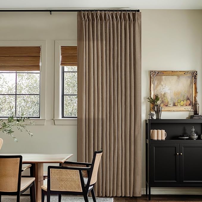 98 Inch Linen Curtains 2 Panels Set Pinch Pleated for Living Room Bedroom Memory Training Shaped Semi Sheer Dutch Cocoa Pinch Pleat Drapes Hooks Rings Light Filtering Window Curtain Drapes