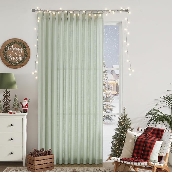 Vision Home Soft Green Pinch Pleated Semi Sheer Curtains Textured Linen Blended Light Filtering Window Curtains 95 inch for Living Room Bedroom Patio Pinch Pleat Drapes with Hooks 1 Panel 60" Wx95 L