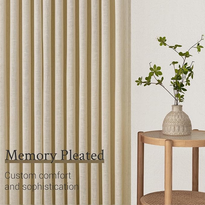 96 Inches Long Pinch Pleated Semi Sheer Curtains,Beige Light Linen Blended Light Filtering Window Curtains 96 Length 2 Panels for Living Room Bedroom Pinch Pleat Drapes with Hooks 2 Panels 40" Wx96 L