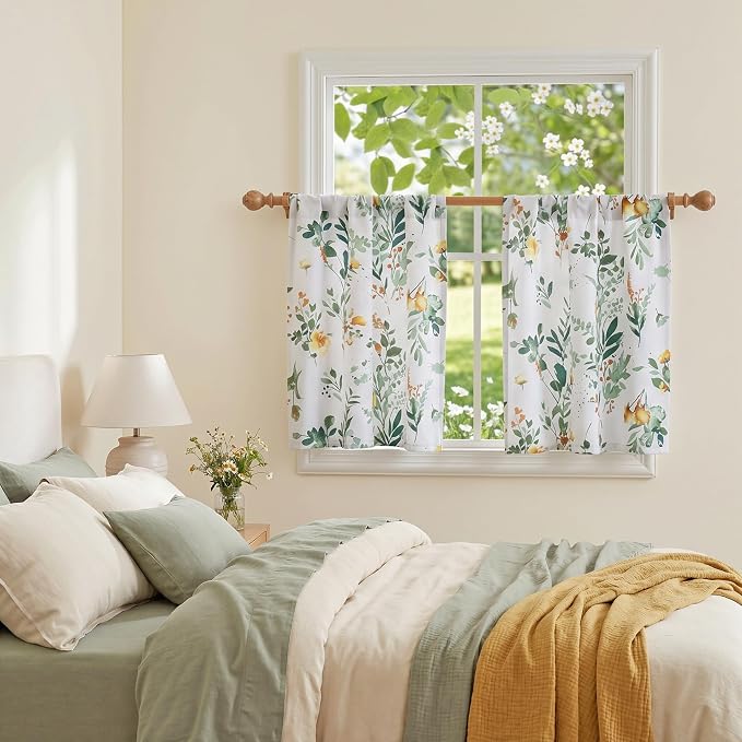 MYSKY HOME Floral Tier Curtains Over Sink 30 Inch Long Set of 2 - Short Blackout Half Window Curtains with Rod Pocket for Kitchen, Cabinet, Basement, Camper, Yellow and Green, 30 inch Wide