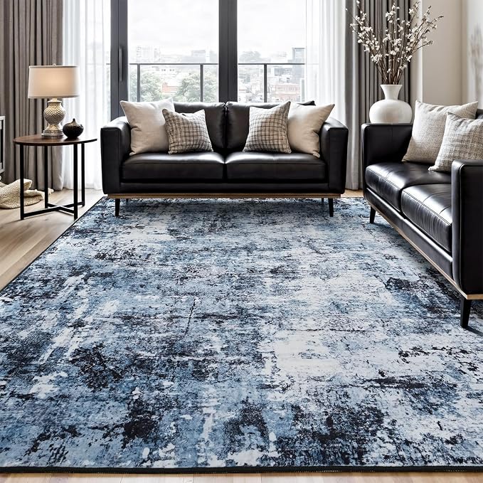 Rugflix 10x14 Area Rugs for Living Room, Washable Large Rug Stain-Resistant Low Pile, Modern Dark Carpet for Dining Room Home Office Kid Room Nursery Bedroom, Navy Blue/Black