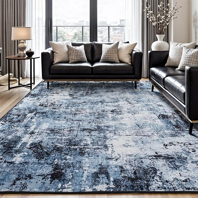 Rugflix 8x12 Area Rugs for Living Room, Washable Large Rug Stain-Resistant Low Pile, Modern Dark Carpet for Dining Room Home Office Kid Room Nursery Bedroom, Navy Blue/Black