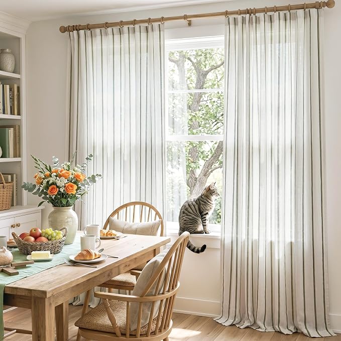Vangao Striped Curtains Green on White Semi Sheer Curtains 96 Inches Long for Living Room Bedroom Modern Farmhouse Linen Textured Light Filtering Drapes 2 Panels Olive Green W50 x L96 Inch