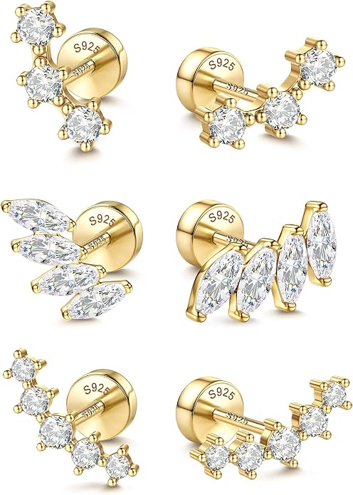 14K Gold Plated Solid 925 Sterling Silver Post Flat Back Earrings Stud | Cartilage Helix Conch Tragus Piercing Jewelry 3 Pairs Tiny Screw Dainty CZ Opal Earring Set Men Women
