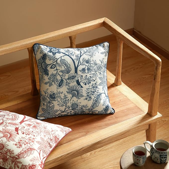 ISAENNE Designer Linen Square Throw Pillow Cover,Set of 2,18"x18"-Ruyi B | Vintage French Elegant Pillow Cover,Concealed Zipper Design,Blue Floral Pattern,Sofa,Bedroom,Living Room,Lounge Chairs