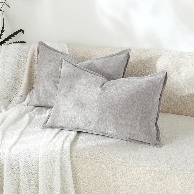 Stellhome Lumbar Chenille Throw Pillow Covers Set of 2 Super Soft Textured Decorative Pillow Covers Accent Solid Cushion Cover for Couch Sofa Bedroom Living Room 12x20 Inch, Crey