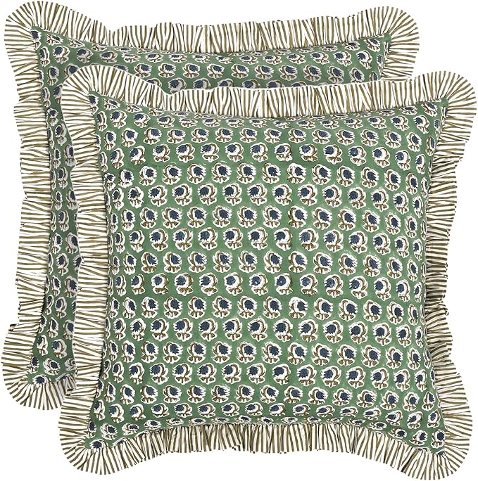 Ridhi Block Print Basil Green Throw Pillow Cover 24" x 24" (Pack of 2) Decorative Cushion Covers with Ruffle for Couch, Sofa, Bed, Living Room, Home Decor Gift for Spring, Easter, Valentine