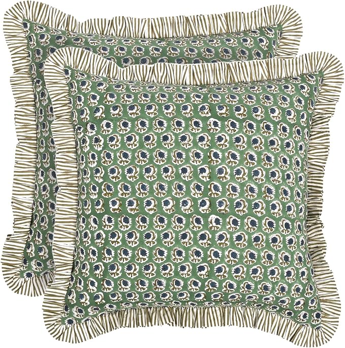 Ridhi Block Print Basil Green Throw Pillow Cover 20" x 20" (Pack of 2) Decorative Cushion Covers with Ruffle for Couch, Sofa, Bed, Living Room, Home Decor Gift for Spring, Easter, Valentine