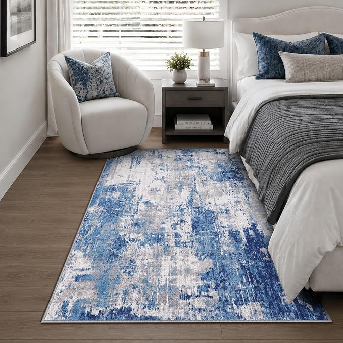 RELEANY Washable Area Rugs 3'x5' Non-Slip Modern Abstract Soft for Living Room Entryway Bedroom Kitchen, Print Pattern, Blue Grey Navy Gray