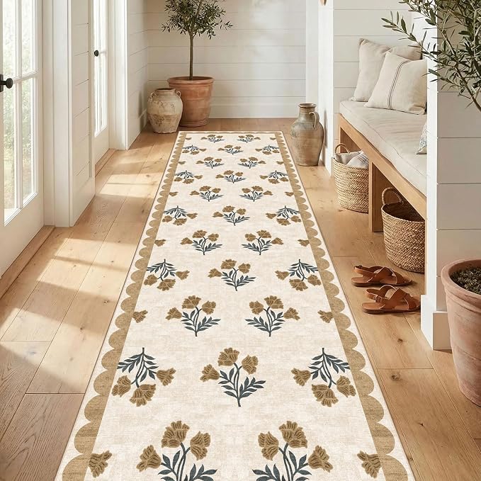 Non Slip Washable Hallway Runner Rug - 2.5x10 Long Beige Kitchen Runner Rug Soft Boho Runners for Hallways Cottage Floral Scalloped Area Rug for Bedroom Entryway Foyer Bathroom Double Vanity