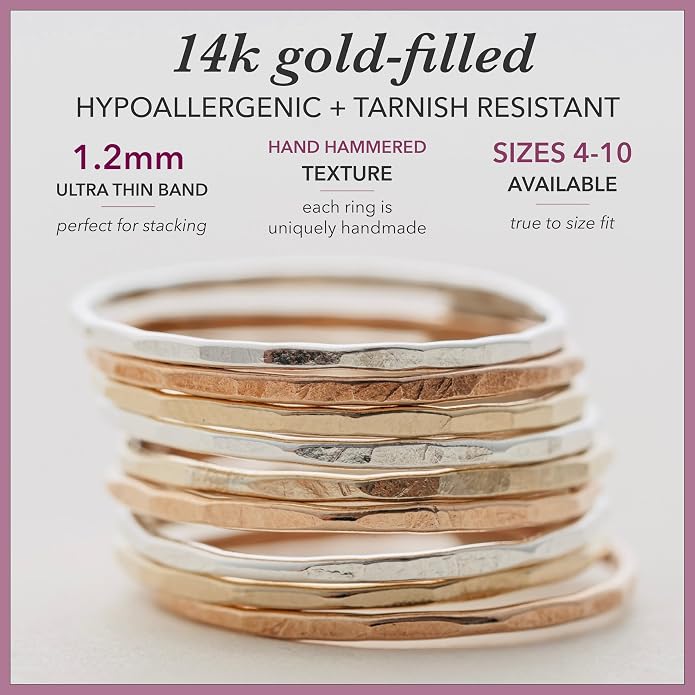 Hammered Stacking Ring for Women, Dainty 1.2mm Minimalist Band, Sterling Silver, 14k Gold Filled or Rose Gold Filled, Thin Stackable Ring, Everyday Jewelry Gift