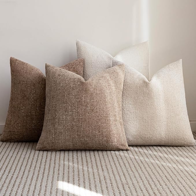 18x18 Chenille Throw Pillow Covers, Pack of 4, Neutral Beige/Brown Series