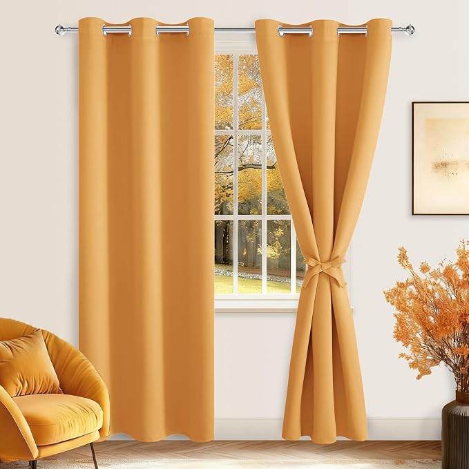 Hiasan Grommet Blackout Curtains for Bedroom, 42 x 84 Inches Long - Thermal Insulated & Light Blocking Window Curtains for Living Room, 2 Drape Panels Sewn with Tiebacks, Pumpkin Orange