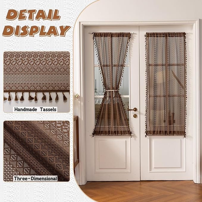 Sutuo Home Dark Coffee French Boho Door Curtains for Front Door Glass & Sidelights, Farmhouse Light Filtering Bohemian Tassels Vintage Privacy Drapes for Door Window, Rod Pocket 2 Panels 25" W x 72" L