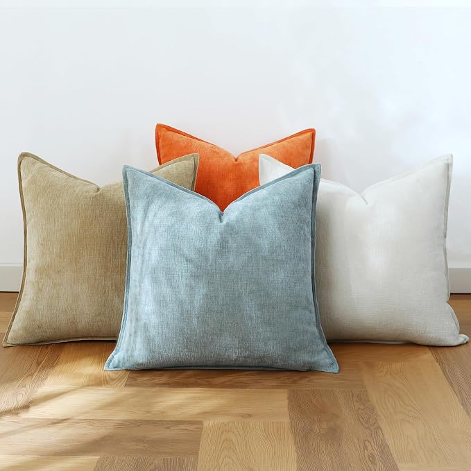 Stellhome Set of 4 Soft Textured Decorative Throw Pillow Covers Accent Solid Chenille Cushion Cover Cozy Farmhouse Pillow Case for Couch Sofa Bedroom Living Room (20x20 inch, Orange/Aqua Gery)