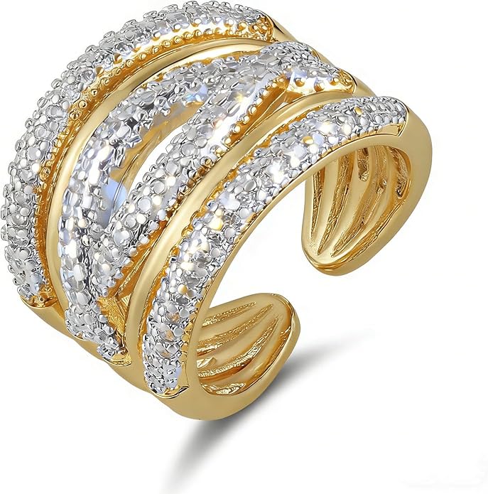 HZMAN 14K Gold Plated Brass Open Ring Collection for Women, Non-Adjustable Crystal Inlay Statement Rings, Wide Band Cocktail Jewelry Assorted Styles